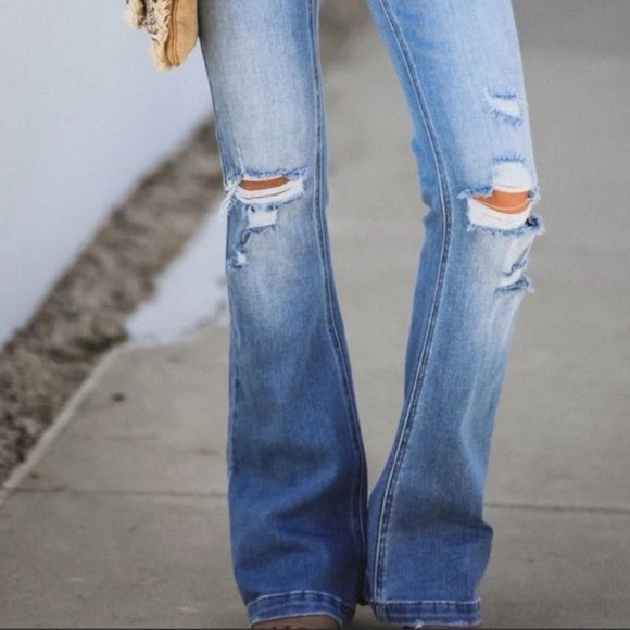 New KanCan Distressed Button Fly Flare Leg Jeans Bell Bottoms - Picture 11 of 16